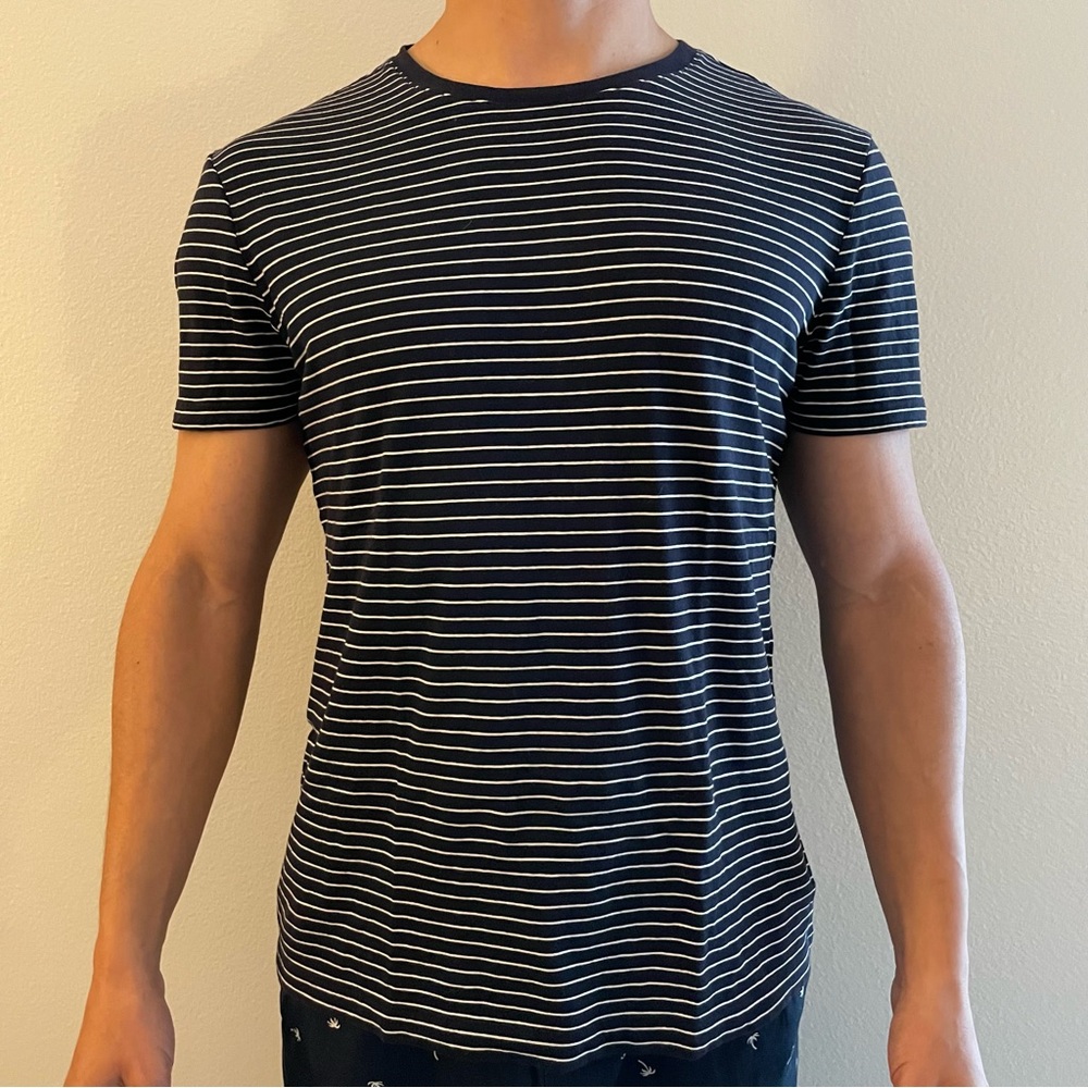 Banana Republic Men Striped Soft Wash Crew Neckline Navy Blue and White T-shirt